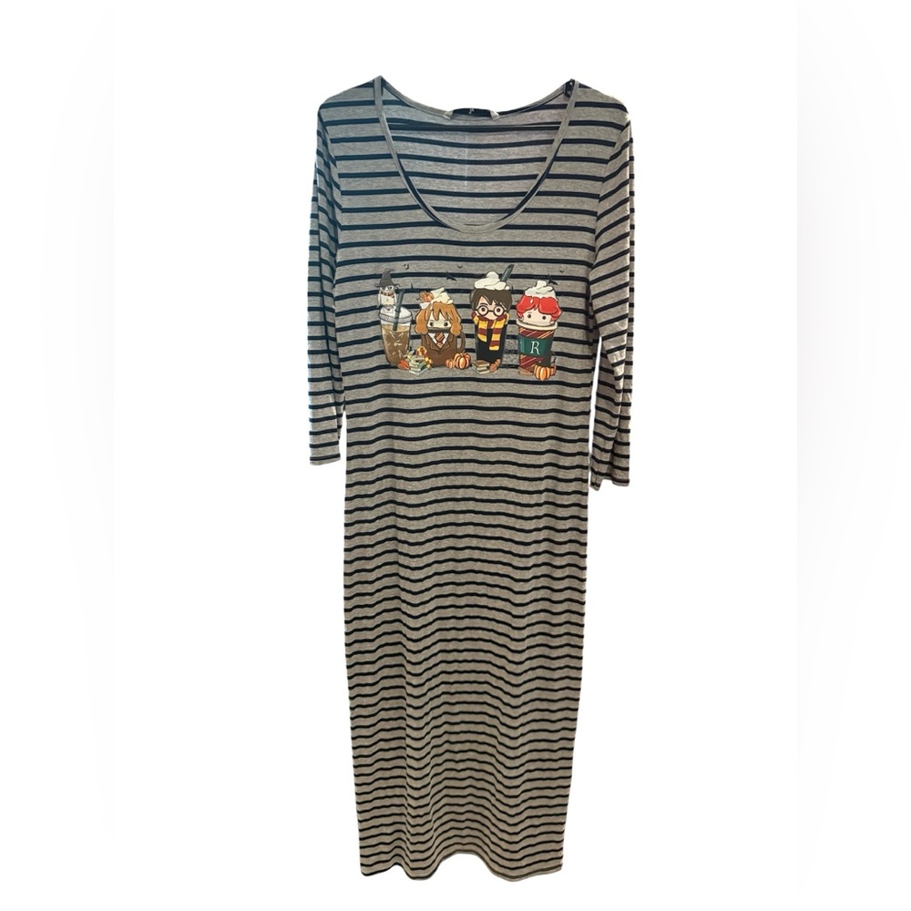 ☮️ Upcycled Harry Potter Cartoon Coffee Drink Striped Lounge Dress Halloween